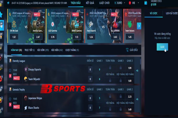 Sảnh TF Esports trên Bsports có giao diện bảng kèo rất bắt mắt