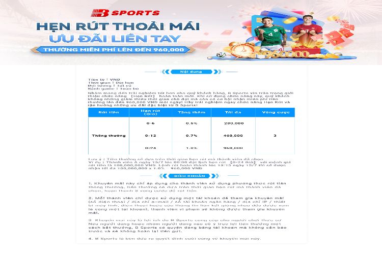 Ưu đãi hẹn rút thoải mái trên Bsports